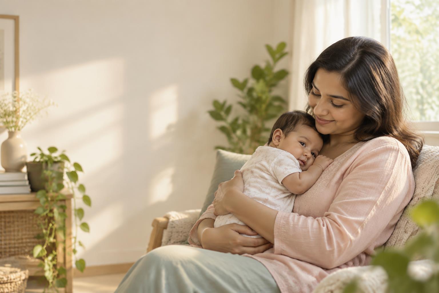 A mother holding her baby in a warm, sunlit home